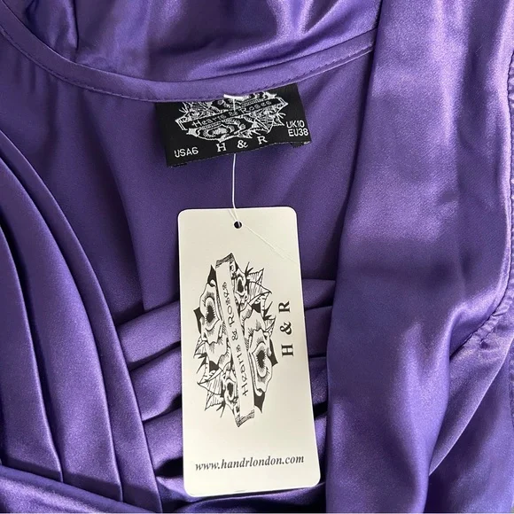 H & R London Purple Satin Retro Pin Up Style Fit Flare Tea Length Dress US 6 - Picture 8 of 15